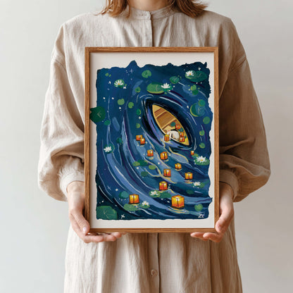 Floating Lantern River – Wishing Light Art Print