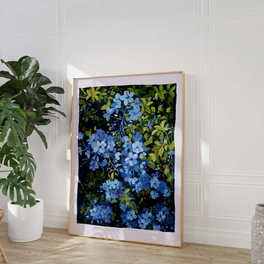 Blue Leadwort Flower Art Print: Botanical Gouache Painting