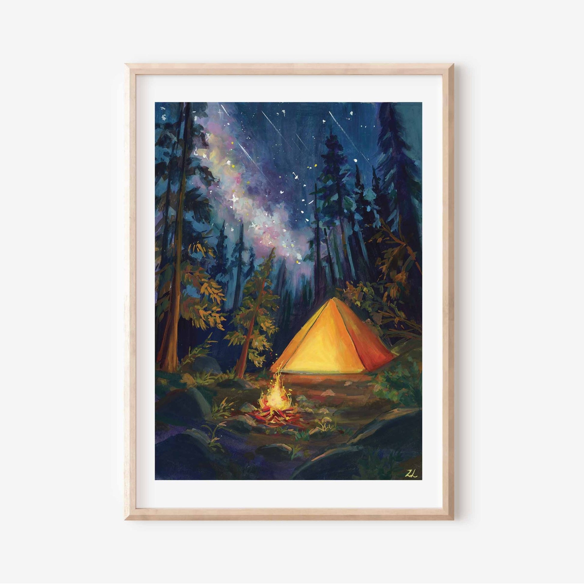 tent artwork Camping Under the Galaxy Sky – Night Forest Art Print White Framed Print / 24x32