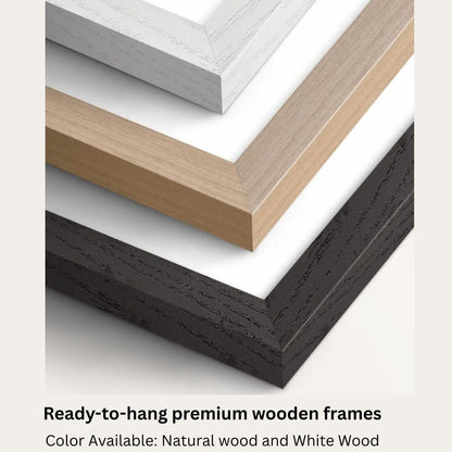 Three wooden picture frames in natural, white, and black on a light gray background.