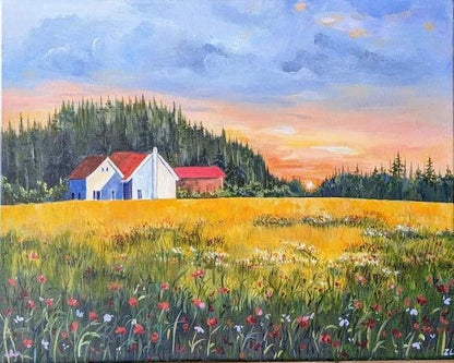 An acrylic painting of a poppy flower field, with the sunset sky in the background, a cozy white house and the yellow field in the early autumn  