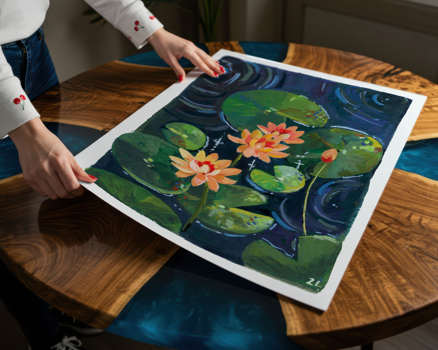 Coral Lotus Pond Art – Vibrant Gouache Print for Good Vibes