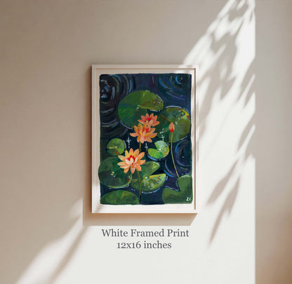 Coral Lotus Pond Art – Vibrant Gouache Print for Good Vibes