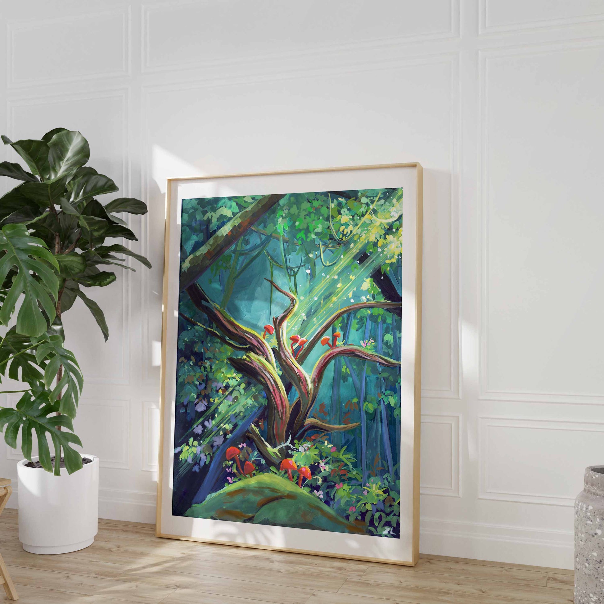 goauche painting, art print, nature painting, oak tree, forest, greenery, green, wall art, gouache art