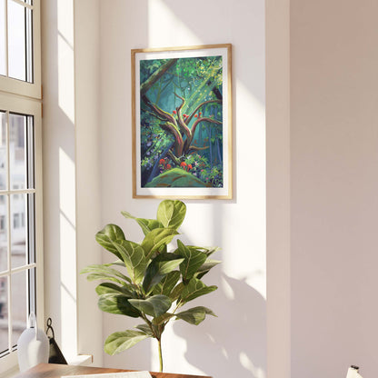 goauche painting, art print, nature painting, oak tree, forest, greenery, green, wall art, gouache art