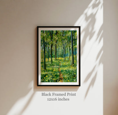 Spring Forest Path- Gouache painting- Green Forest art