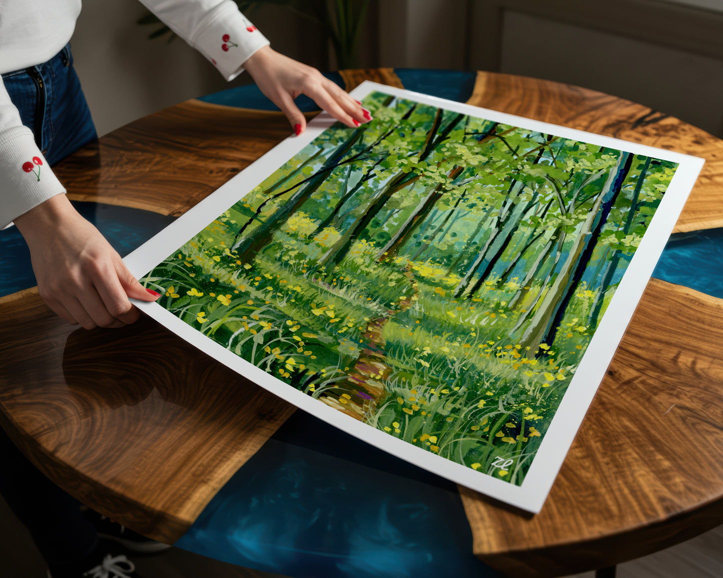 Spring Forest Path- Gouache painting- Green Forest art