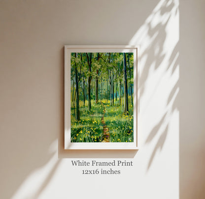 Spring Forest Path- Gouache painting- Green Forest art