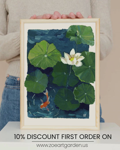 Zen Series (No.1)- Lotus pond and Koi fish- Gouache Art Print