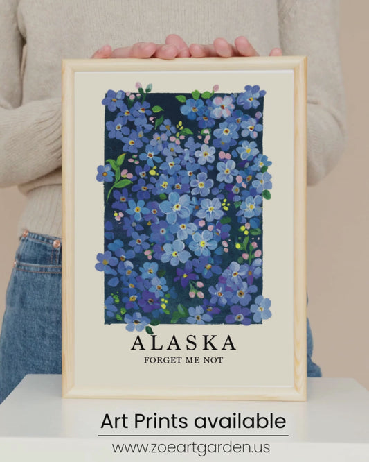 Forget-Me-Not Wall Art | Alaska State Flower Gouache Art Print | Blue Botanical Print