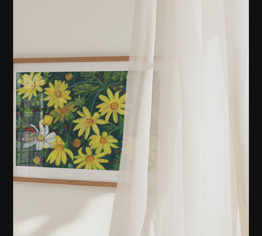 African Daisy Art Print, Monarch Butterfly Wall Art, Gouache Flower Painting