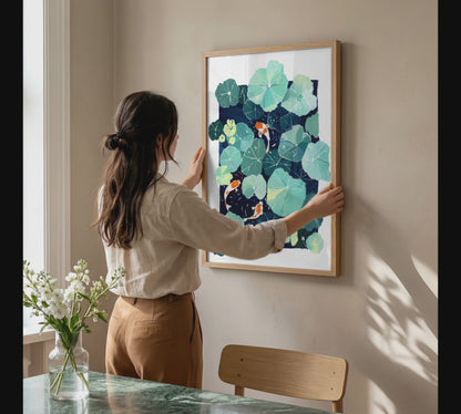 Lotus Pond and Koi Fish Art Print- Zen Wall Decor, Gouache Painting
