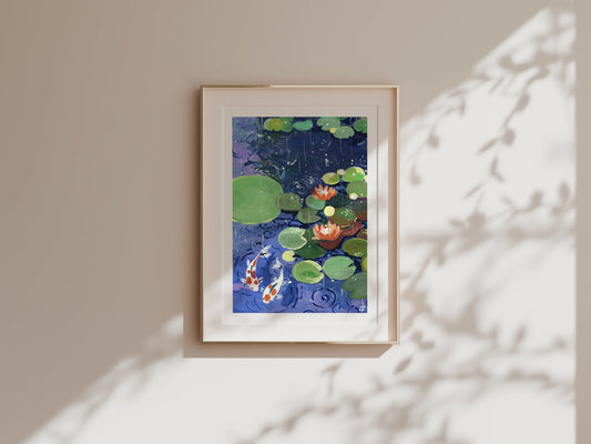 Zen series No.3- Water lilies in the rain- Gouache Art print