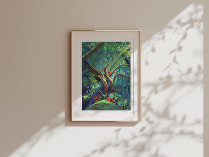 goauche painting, art print, nature painting, oak tree, forest, greenery, green, wall art, gouache art