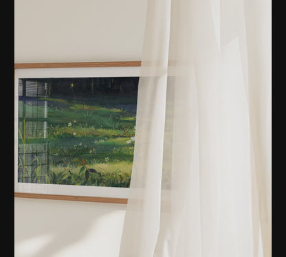Grass Field Gouache Painting | Peaceful Green Meadow Nature Wall Art