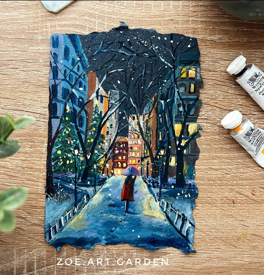 On the Christmas night: Original gouache painting