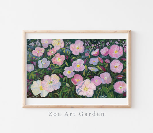 A framed floral art print featuring pink, purple, and white flowers with green leaves, displayed on a light wall with the text 'Zoe Art Garden' below the frame.