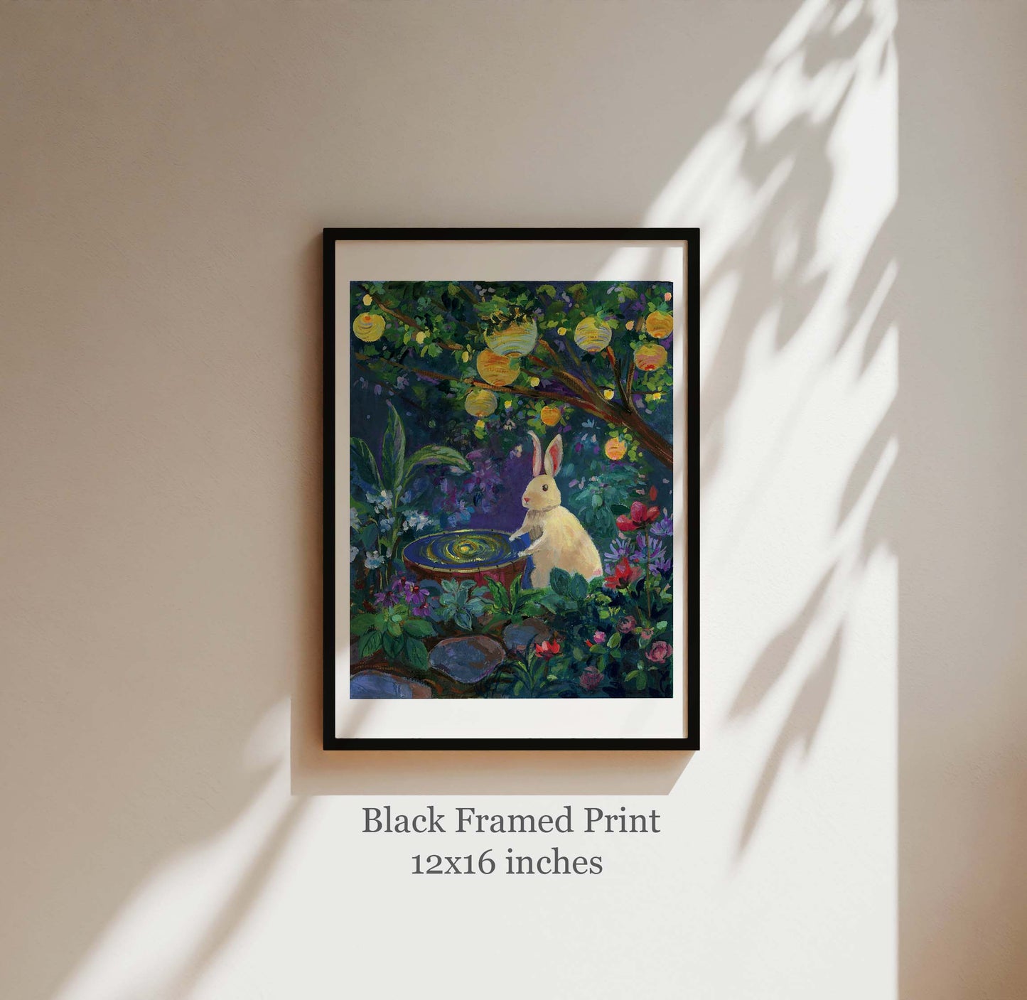 Rabbit and lantern in garden- Rabbit Illustration Print by Zoe Art Garden