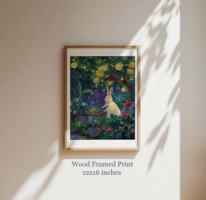 Rabbit and lantern in garden- Rabbit Illustration Print by Zoe Art Garden