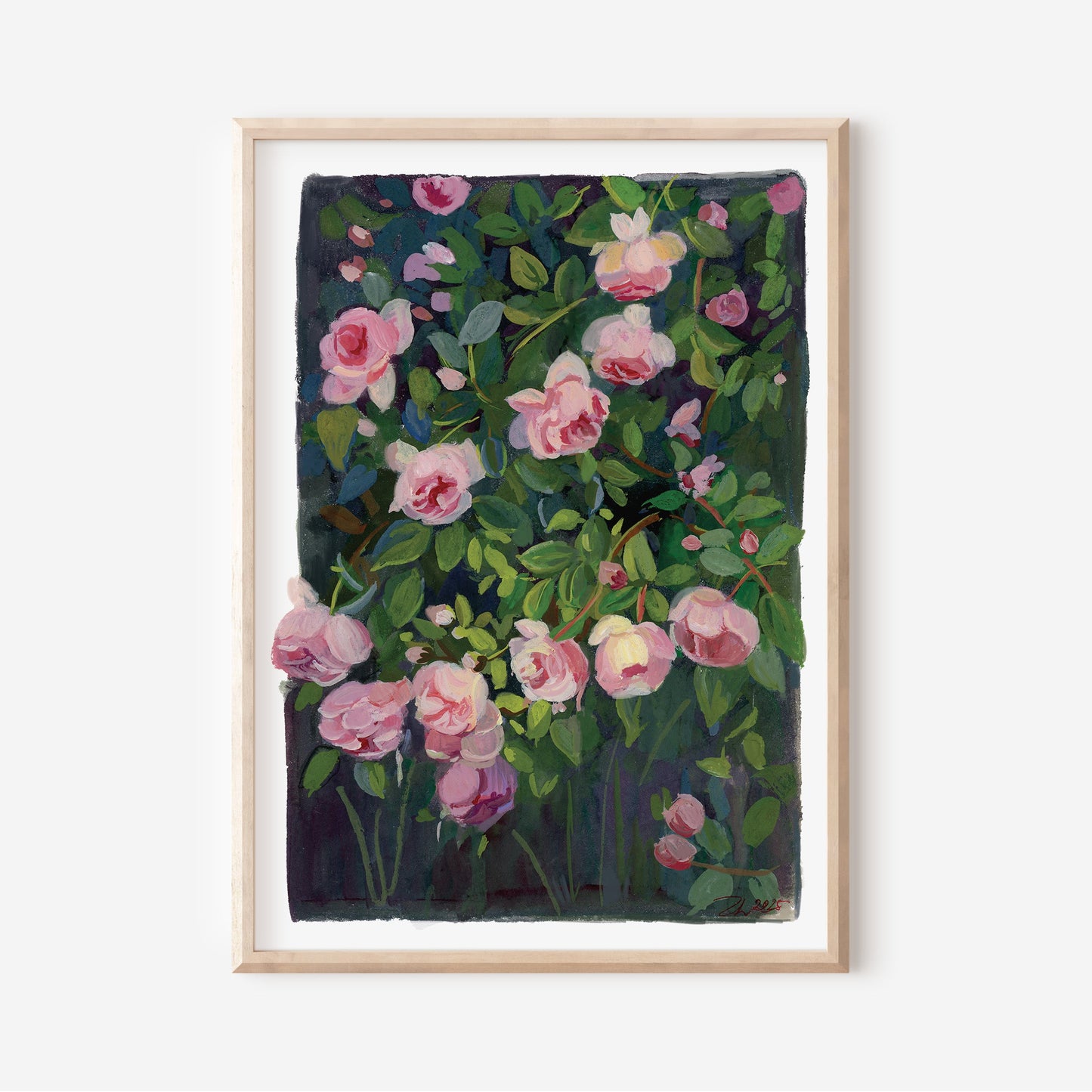 Framed artwork of pink flowers on a dark background