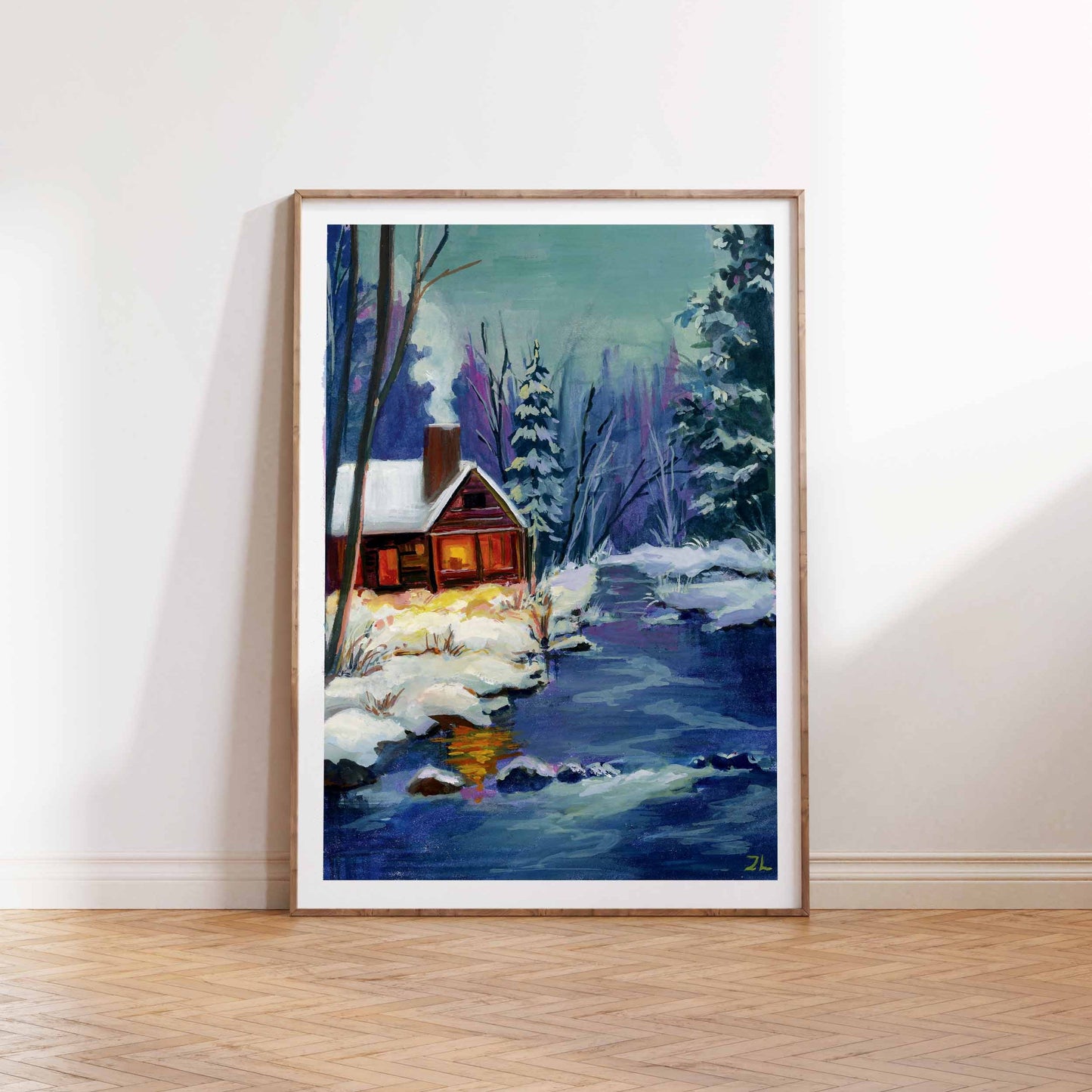 Old Rustic Cabin By The River: Gouache Art Print - Winter series