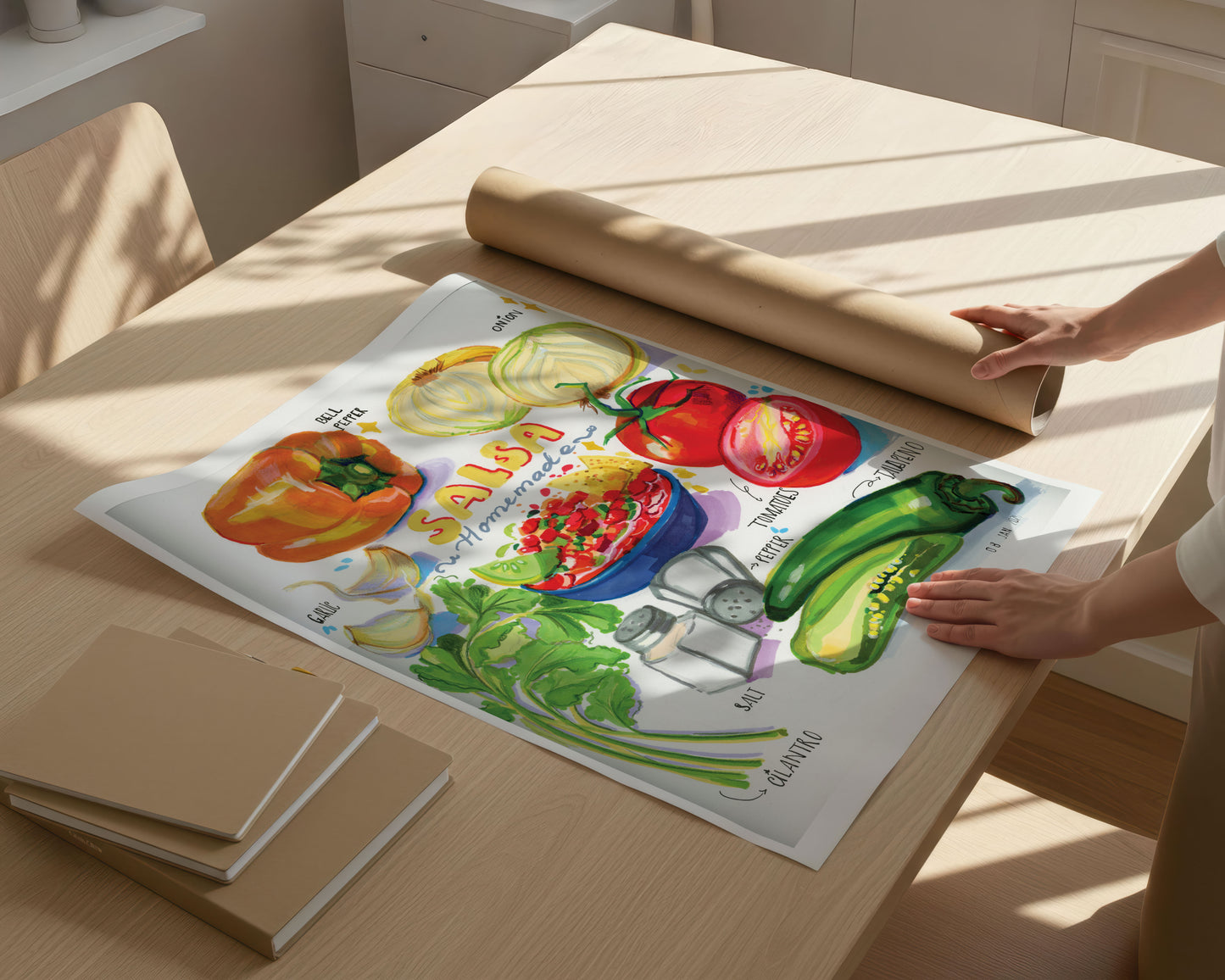 Person unrolling a colorful kitchen towel with vegetable design on a wooden table.
