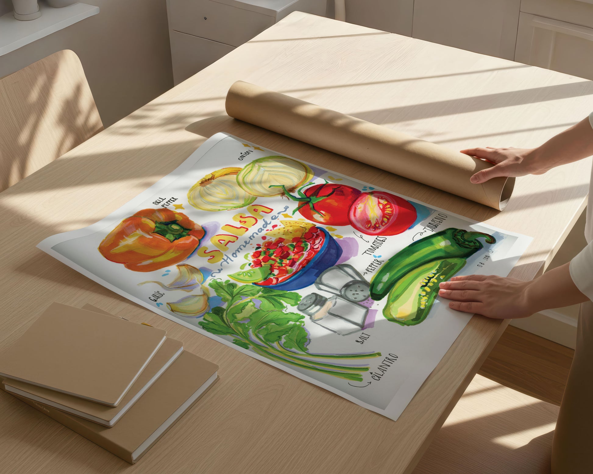 Person unrolling a colorful kitchen towel with vegetable design on a wooden table.