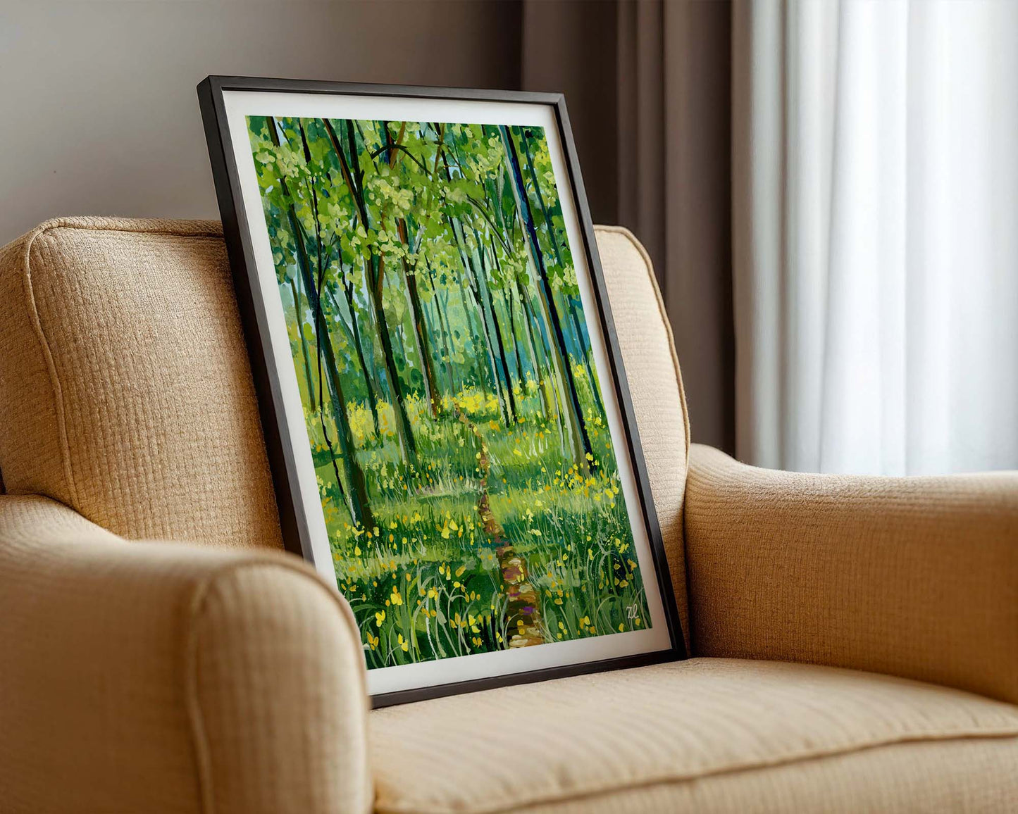 Spring Forest Path- Gouache painting- Green Forest art