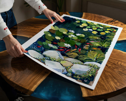 Summer pond- Koi fish and waterlilies painting- Wall art print