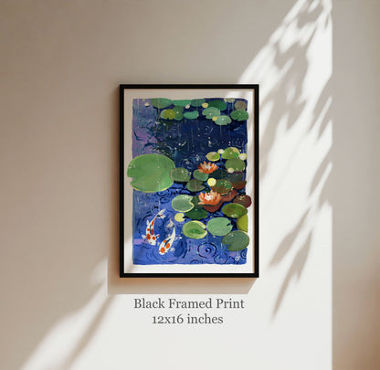 Zen series No.3- Water lilies in the rain- Gouache Art print