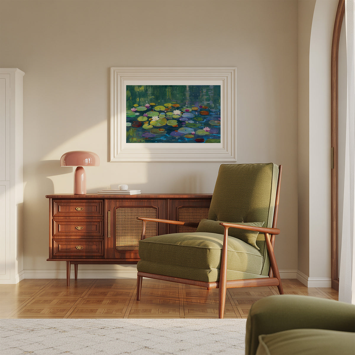 A framed art print of a Monet-style water lily pond hangs on a beige wall above a wooden credenza in a styled living room with a green armchair and a pink lamp.