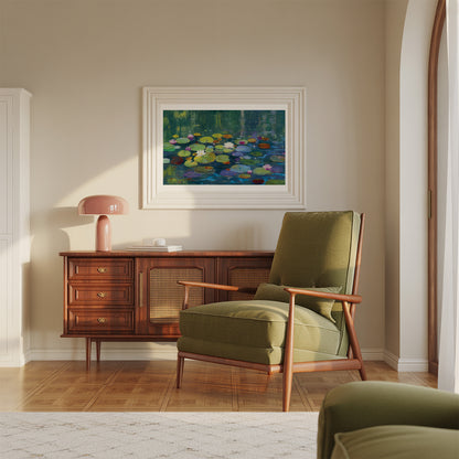A framed art print of a Monet-style water lily pond hangs on a beige wall above a wooden credenza in a styled living room with a green armchair and a pink lamp.