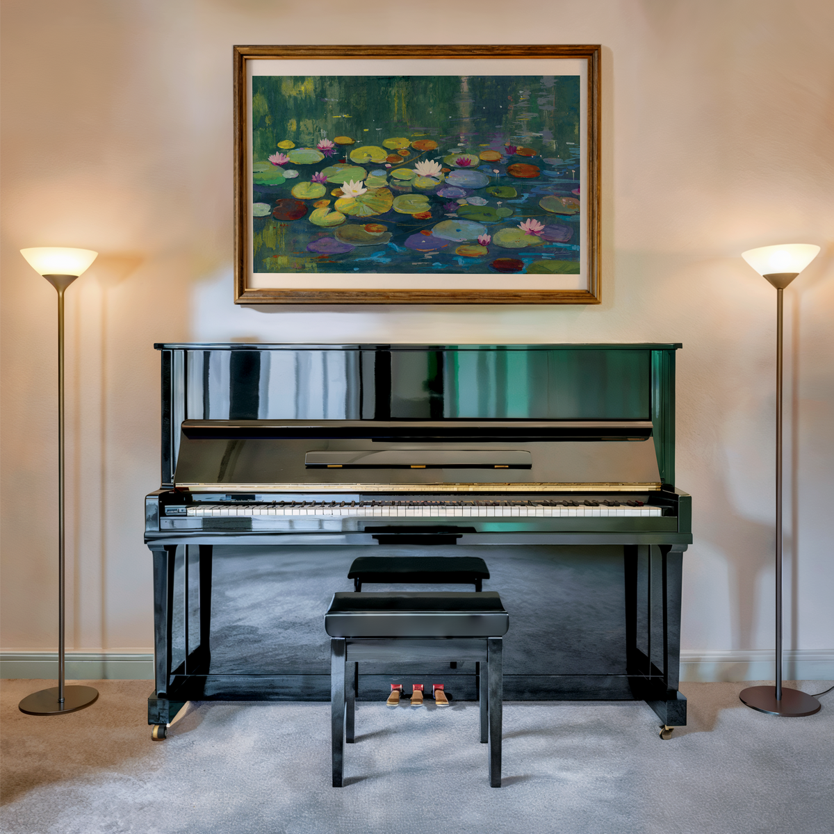 Water Lily Pond Art Print, Hand-Painted Gouache Painting, Peaceful Nature Wall Art