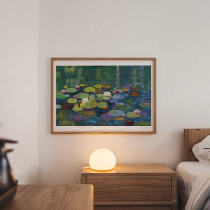 A framed watercolor painting of a pond with lily pads and pink and white flowers, hanging on a light gray wall above a wooden nightstand with a glowing lamp and a bed.