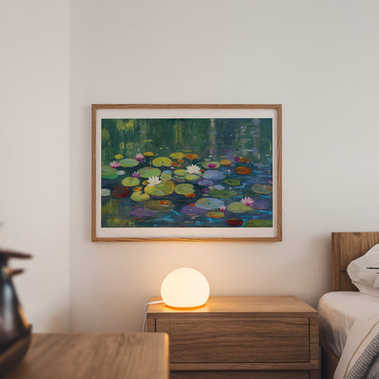 A framed watercolor painting of a pond with lily pads and pink and white flowers, hanging on a light gray wall above a wooden nightstand with a glowing lamp and a bed.