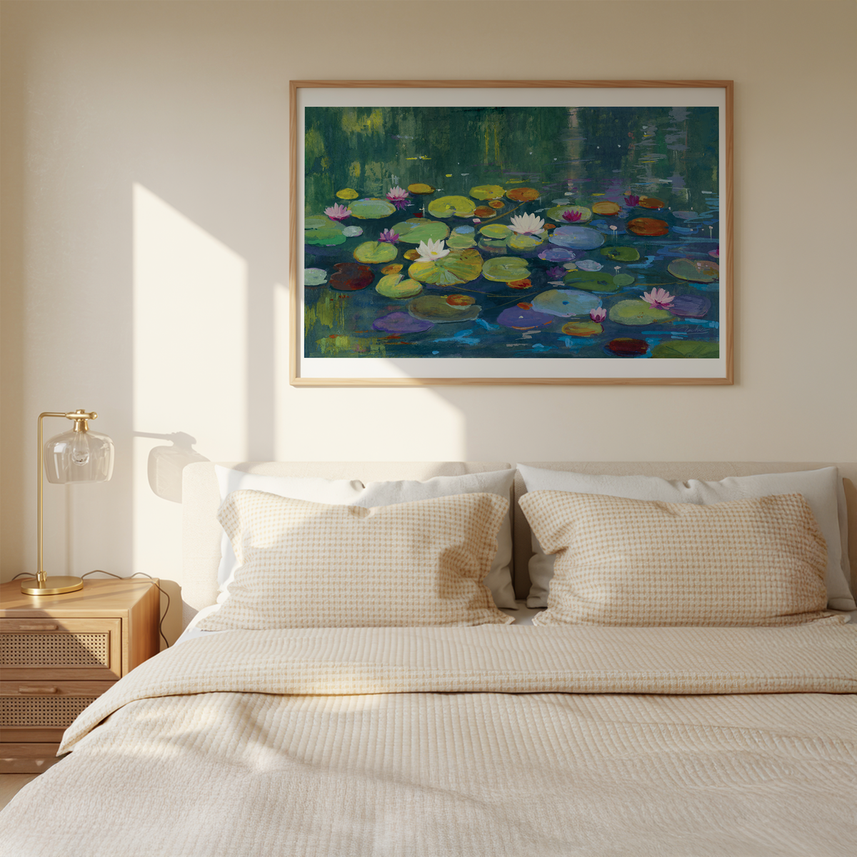 A framed water lily painting hangs on a beige wall above a neatly made bed with cream bedding and two patterned pillows. A small bedside table with a gold lamp is visible on the left.