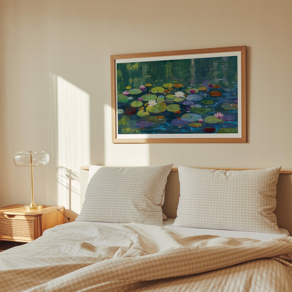 A framed wall art print depicting a pond with lily pads and water lilies hangs above a neatly made bed in a softly lit bedroom. The artwork has a light wood frame and is shown in a real interior setting with pillows, bedding, a bedside table, and a glass lamp.