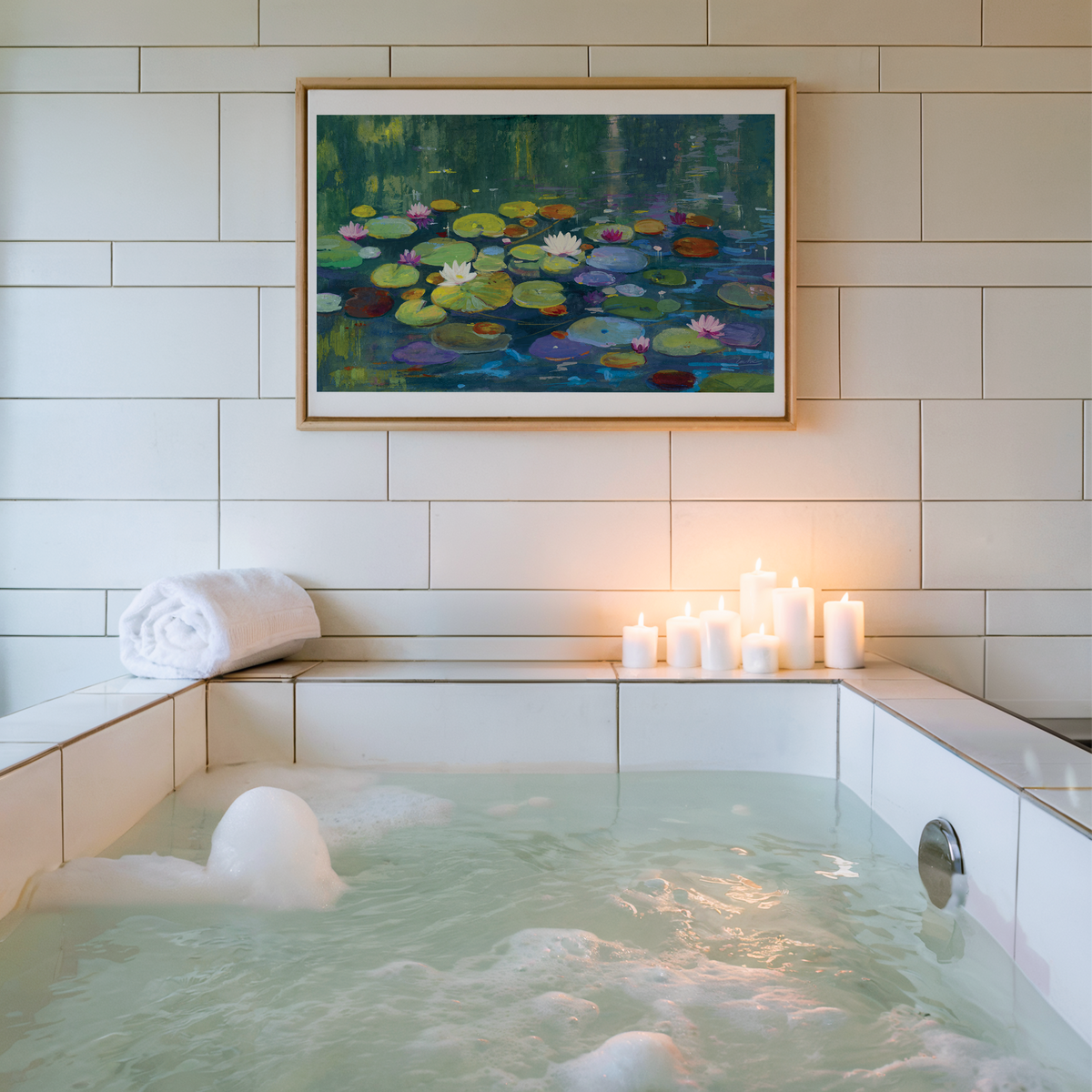 Water Lily Pond Art Print, Hand-Painted Gouache Painting, Peaceful Nature Wall Art