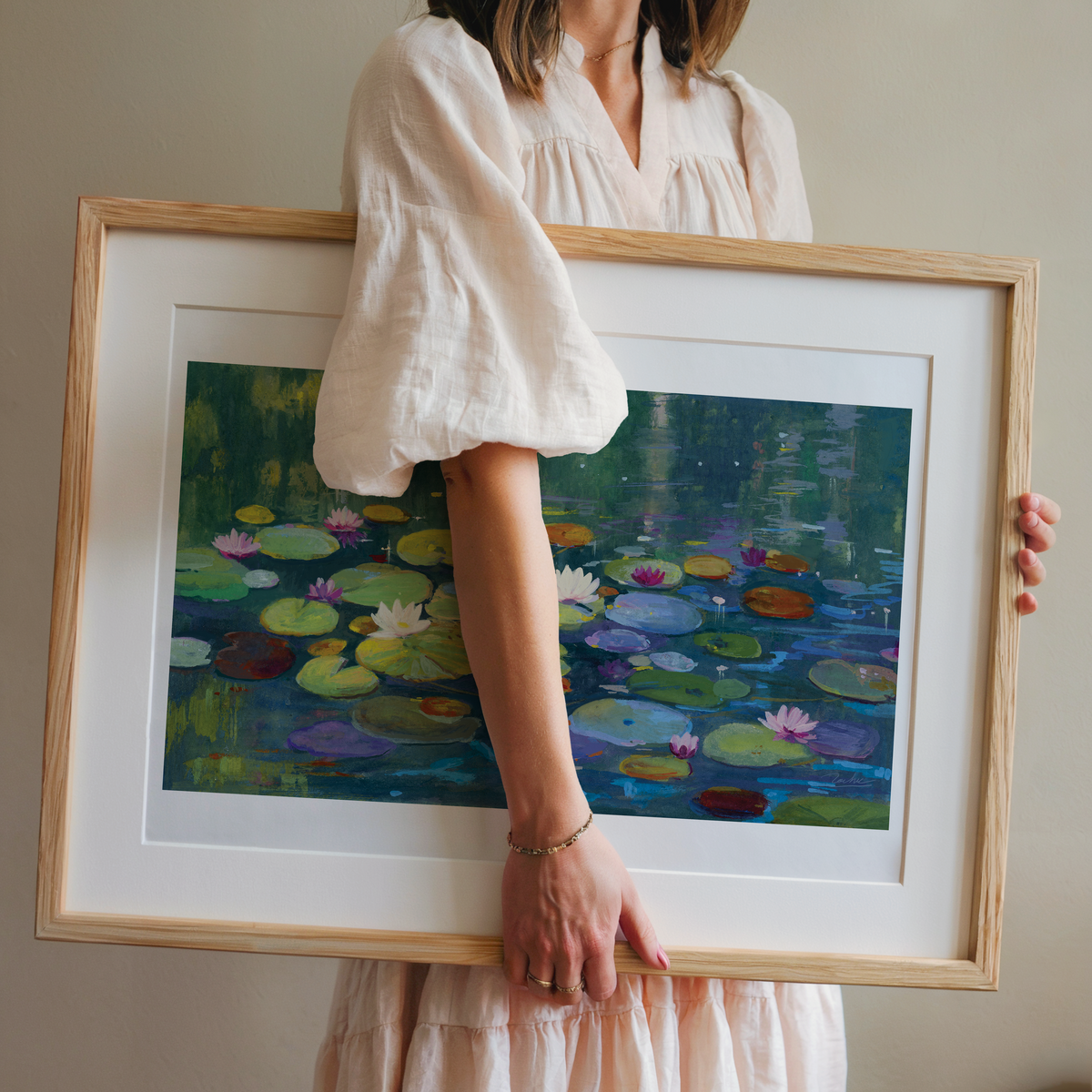 Water Lily Pond Art Print, Hand-Painted Gouache Painting, Peaceful Nature Wall Art