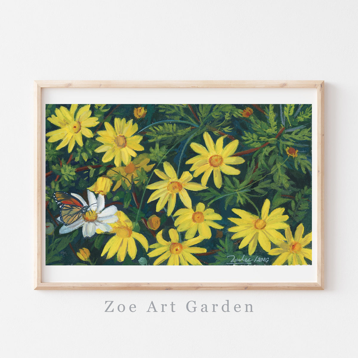 A framed art print featuring a lush garden scene with bright yellow flowers, green foliage, and a butterfly, displayed on a clean white wall with the text 'Zoe Art Garden' below the frame.