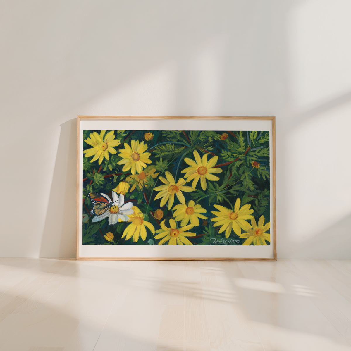 African Daisy Art Print, Monarch Butterfly Wall Art, Gouache Flower Painting