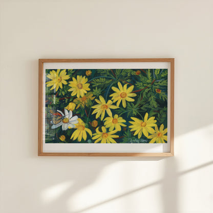 African Daisy Art Print, Monarch Butterfly Wall Art, Gouache Flower Painting