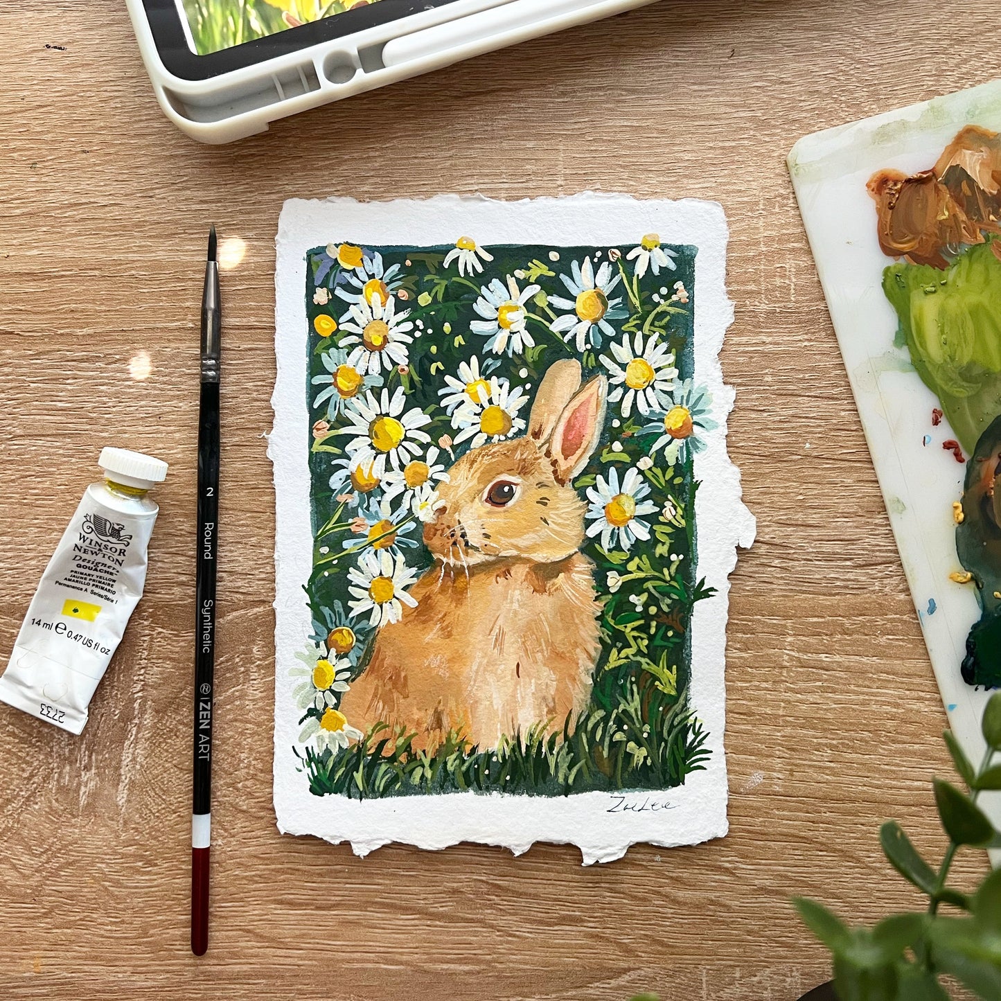 Rabbit and Daisy- Original gouache painting