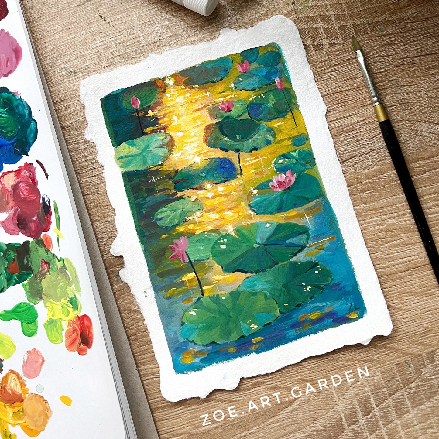 Water lily pond- Original Gouache painting- Water lily in the sunset
