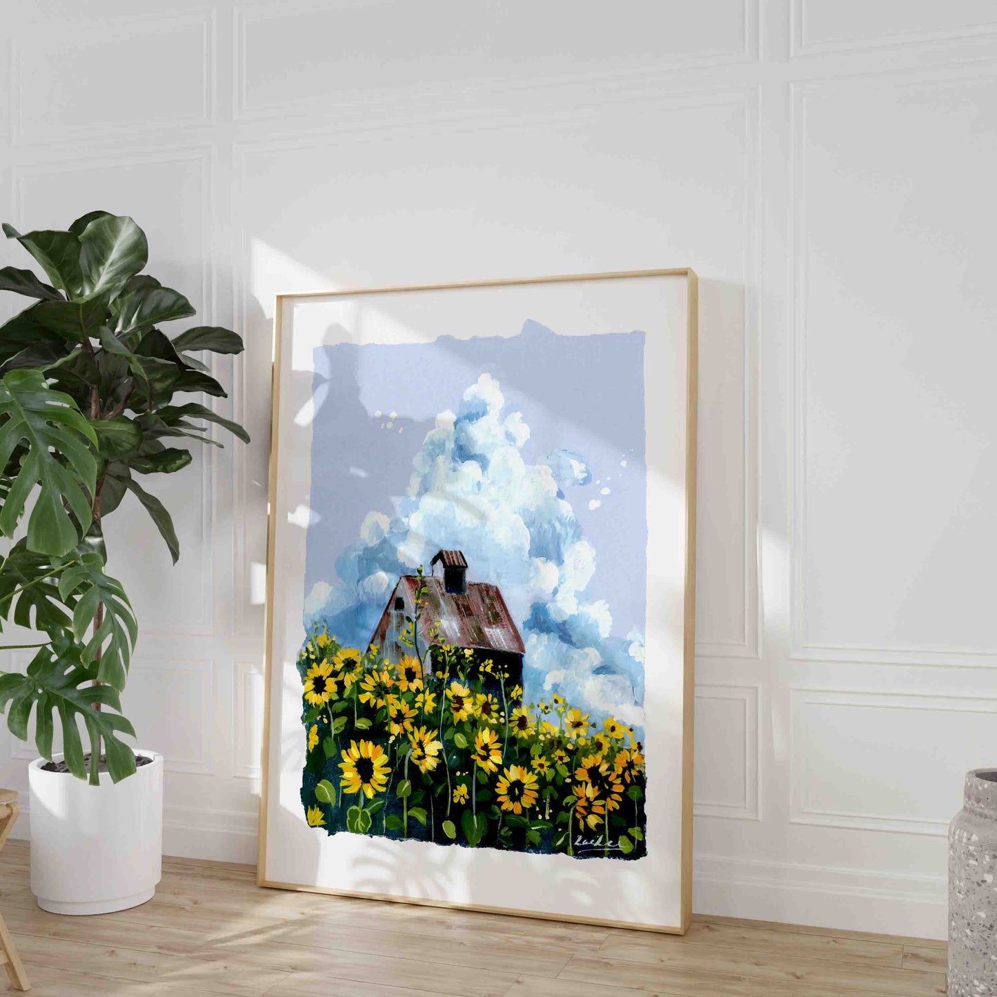 Sunflowers and Clouds- Gouache painting- Wall art print