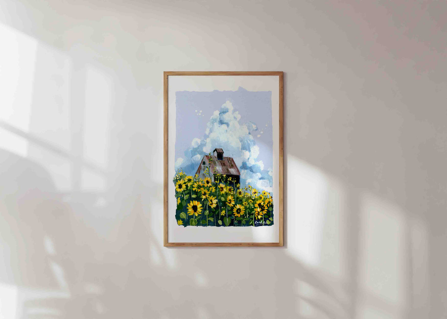 Sunflowers and Clouds- Gouache painting- Wall art print