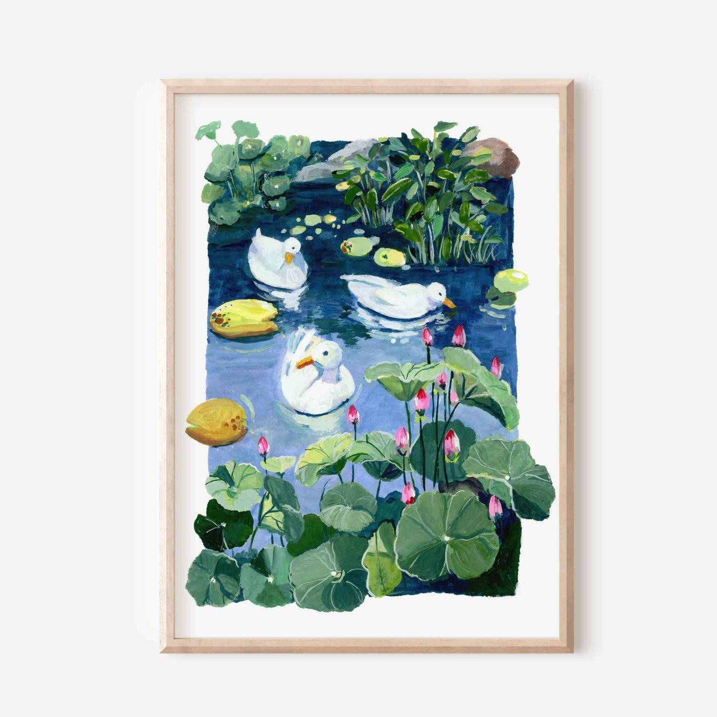 Duck and Lily- Lotus painting- Gouache art print