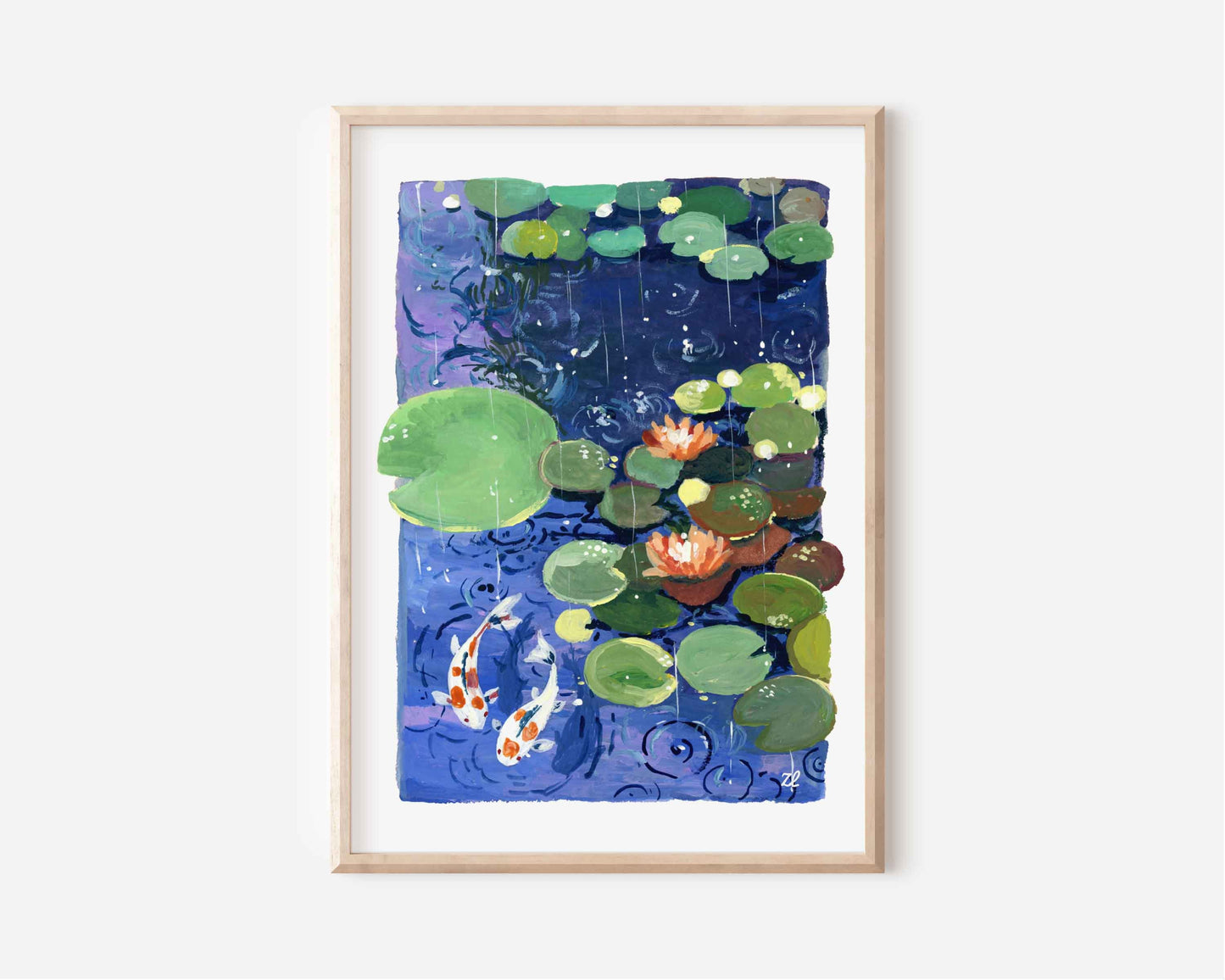 Zen series No.3- Water lilies in the rain- Gouache Art print