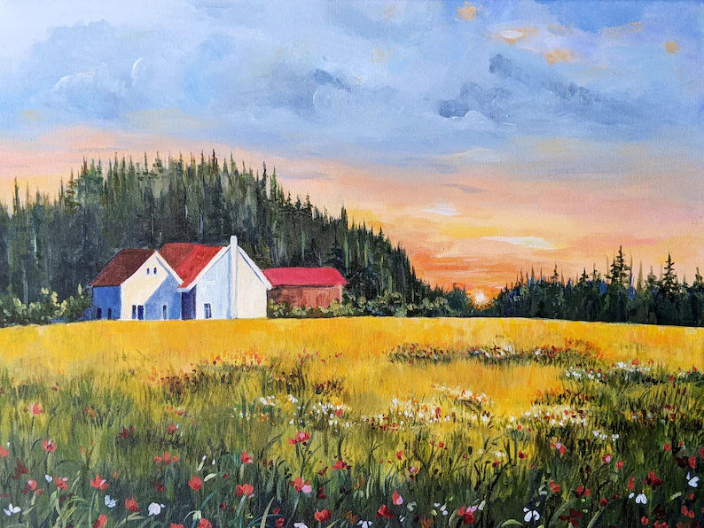 Poppies field in the late summer- Original Acrylic painting on canvas