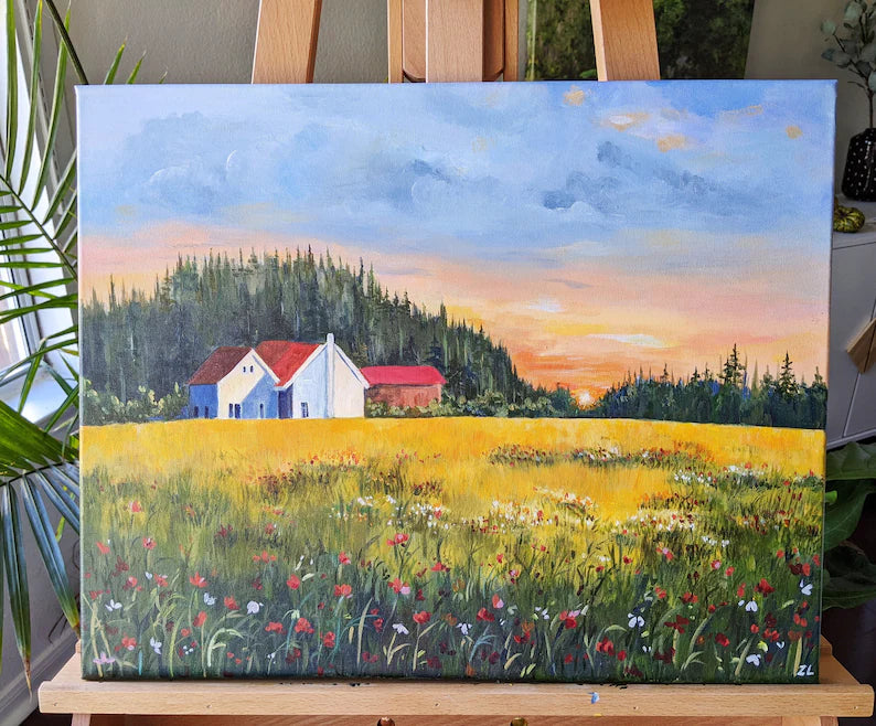 Poppies field in the late summer- Original Acrylic painting on canvas